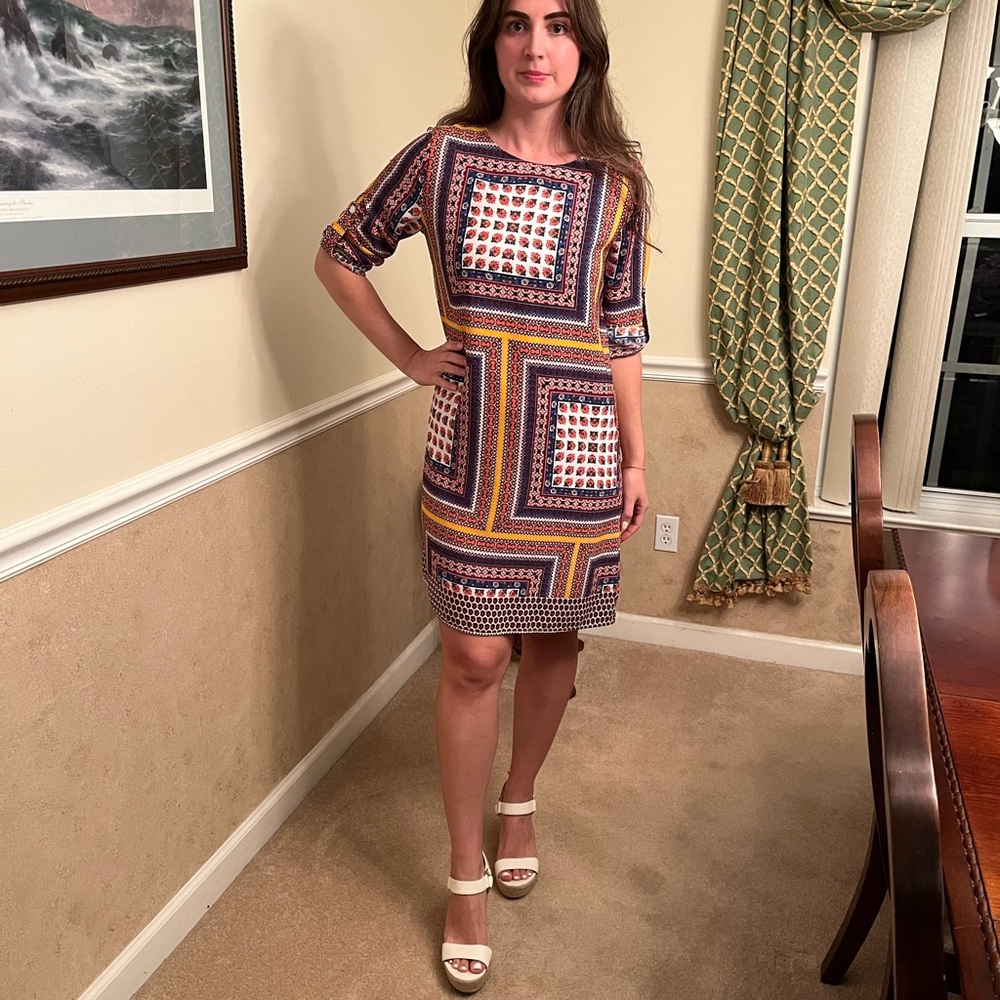 Freeway Colorful Paisley Block Print Sheath Dress | Roll Tab Sleeves | Size 10